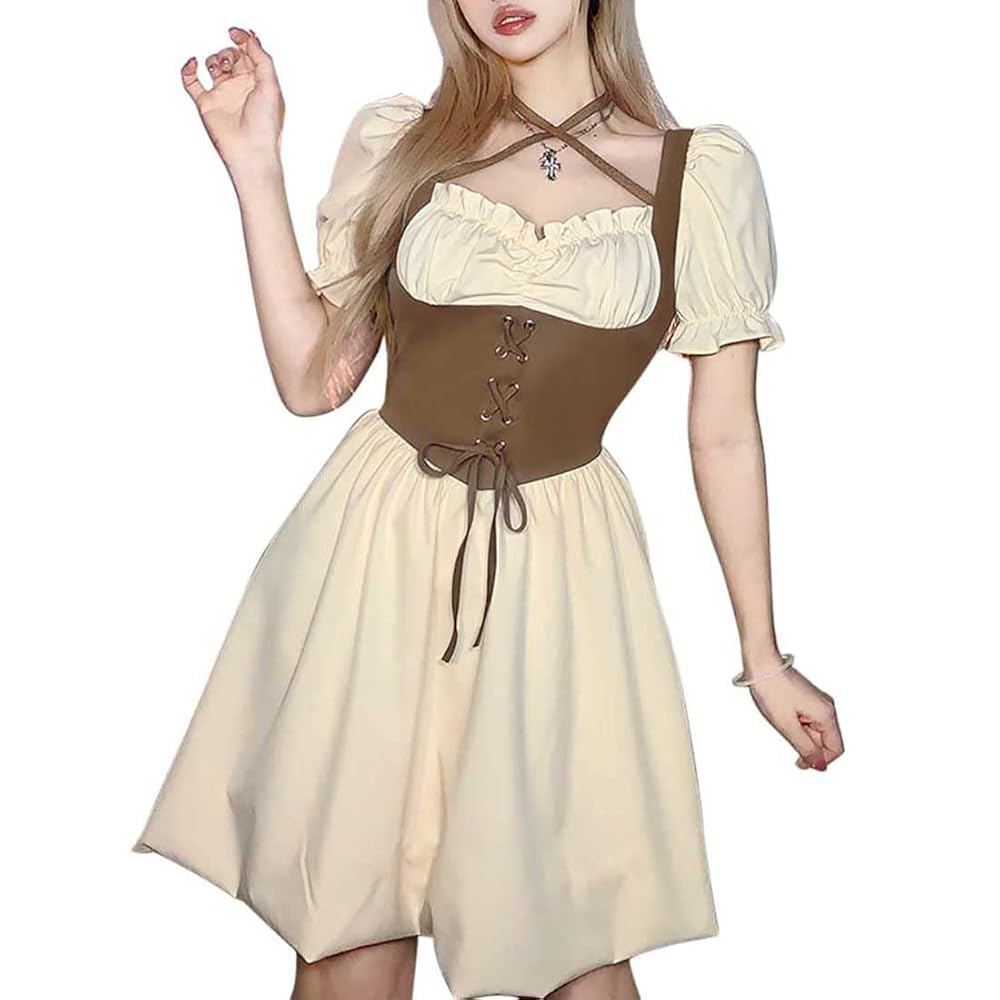 Women's Vintage Cowgirl Dress Patchwork Puff Sleeve Square
